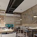 Modern Restaurant Interior With Wooden Lattice Walls Dining Tables And Pendant Lights