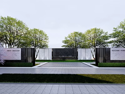 Modern Landscape Feature Wall With Trees Inscriptions And Paved Walkway 3d model