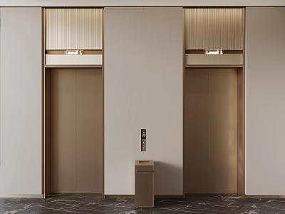 Minimalist Elevator Lobby Design With Two Golden Elevators And Polished Marble Floor 3d model