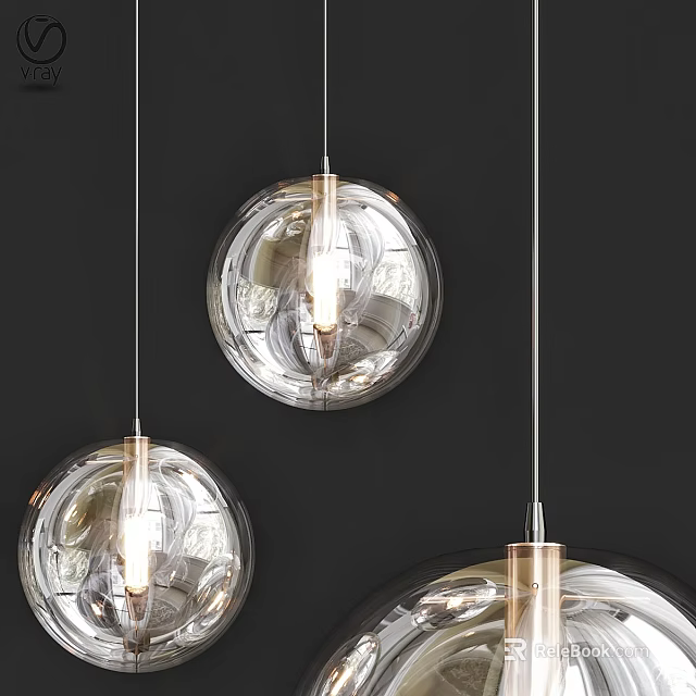 Three Modern Transparent Glass Spherical Pendant Lights Hanging With Bright Illumination 3d model 