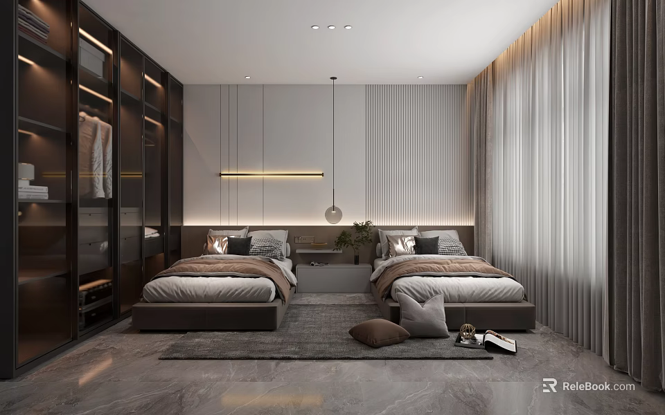Modern Bedroom Interior With Twin Upholstered Beds Built in Wardrobe Hanging Light And Curtains 3d model 