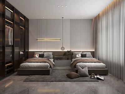 Modern Bedroom Interior With Twin Upholstered Beds Built in Wardrobe Hanging Light And Curtains 3d model