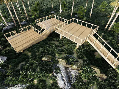 Wooden Walkway And Platform In Tropical Forest With Palm Trees And Green Vegetation 3d model