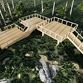 Wooden Walkway And Platform In Tropical Forest With Palm Trees And Green Vegetation