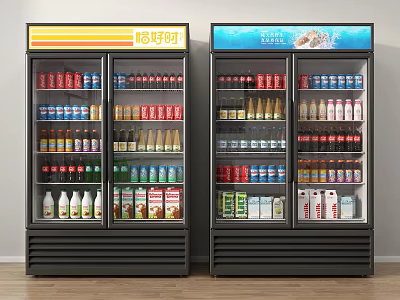 Black Upright Beverage Refrigerators Filled With Various Colored Drinks And Top Signage 3d model