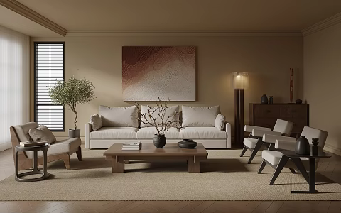 Quiet Chinese and Ancient Style Home Living Room Sofa Coffee Table Combination Solid Wood Coffee Table Floor Lamp Decorative Cabinet Side Table Jewelry Ornaments 3d model