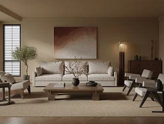 Quiet Chinese and Ancient Style Home Living Room Sofa Coffee Table Combination Solid Wood Coffee Table Floor Lamp Decorative Cabinet Side Table Jewelry Ornaments 3d model