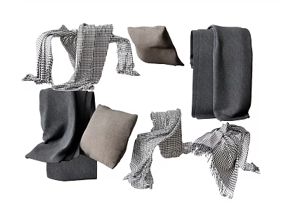Gray Checkered Scarves And Soft Textile Pillows In Various Styles 3d model