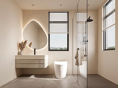 Modern Warm Beige Bathroom With Irregular Backlit Mirror Smart Toilet And Frameless Glass Shower Design 3d model