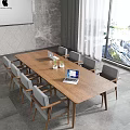 Modern Conference Room Interior With Long Wooden Table Gray Chairs Laptop Potted Plants And Window