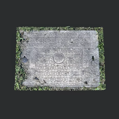 Road Infrastructure Manhole Cover Surrounded by Green Grass With Intricate Patterns And Holes 3d model
