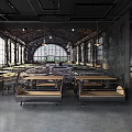 Industrial Style Restaurant Interior With Gray Walls Dining Tables Chairs Shelves And Lighting Fixtures
