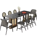 Modern Dining Table Set With Rectangular Dark Top Gold Legs And Woven Back Chairs 3d model