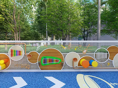 Outdoor Children's Playground Structure With Colorful Blocks Circular Holes Blue Floor And Tree Background 3d model