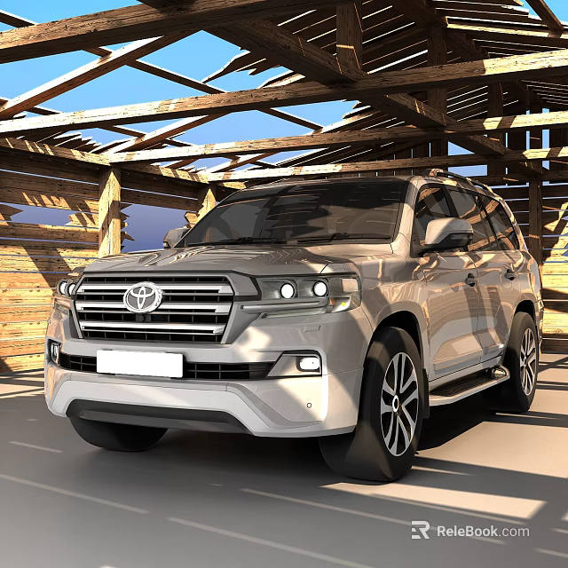 Silver Toyota Land Cruiser Parked Under Wooden Structure Shelter With Natural Light 3d model 