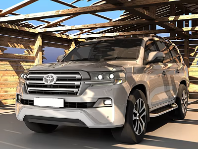 Silver Toyota Land Cruiser Parked Under Wooden Structure Shelter With Natural Light 3d model