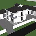 Two Story Detached Villa With White Exterior Black Roof Green Trees And Blue Car