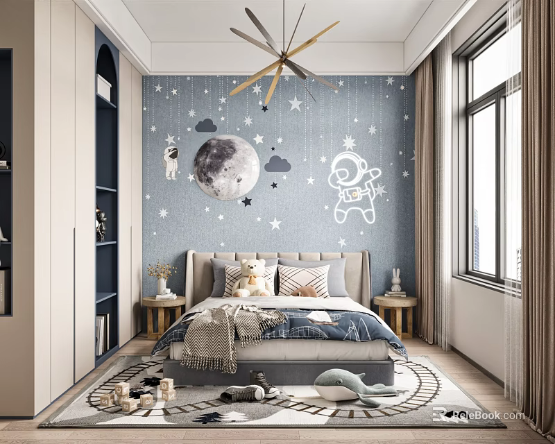 Starry Theme Kids Room Decor With Moon Stars Astronaut Clouds Bed Pillows Rug And Toys 3d model 