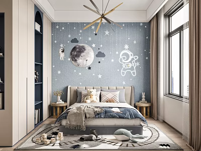 Starry Theme Kids Room Decor With Moon Stars Astronaut Clouds Bed Pillows Rug And Toys 3d model