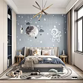 Starry Theme Kids Room Decor With Moon Stars Astronaut Clouds Bed Pillows Rug And Toys