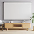 Modern Wooden TV Stand With Projector Screen Wheeled Cart And Potted Plant In Living Room