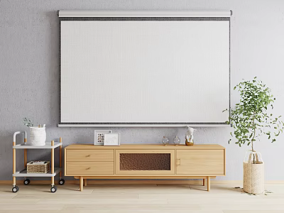 Modern Wooden TV Stand With Projector Screen Wheeled Cart And Potted Plant In Living Room 3d model