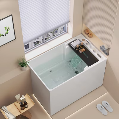 White Bathtub Interior With Window Roller Blinds Bath Items Green Plant And Clear Water 3d model