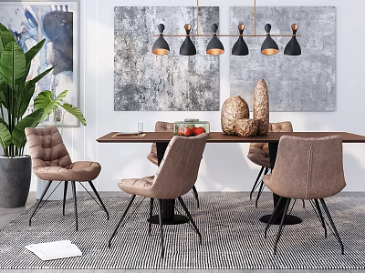 Modern Dining Table Set With Upholstered Chairs Metal Legs Pendant Lights And Wall Art 3d model