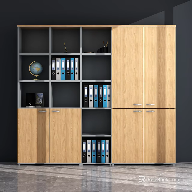 Modern Wooden Bookcase With Multiple Compartments Cabinet Doors And File Folders Globe Decorative Items 3d model 
