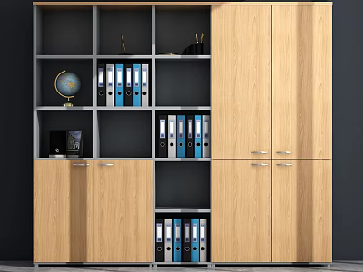 Modern Wooden Bookcase With Multiple Compartments Cabinet Doors And File Folders Globe Decorative Items 3d model