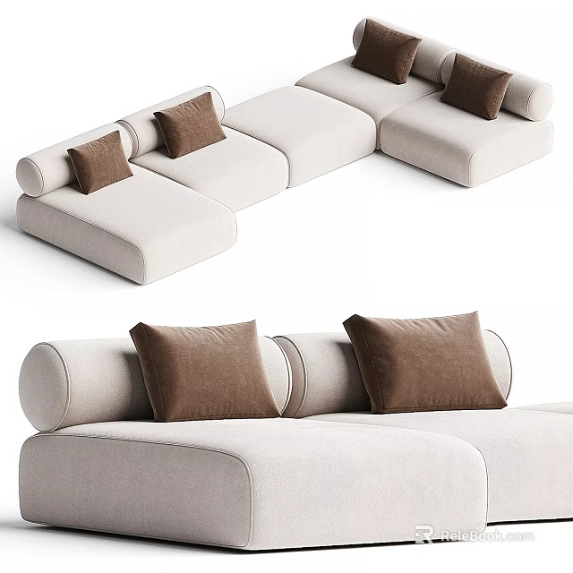 Modern Beige Sectional Sofa With Soft Brown Cushions And Comfortable Spacious Seats 3d model