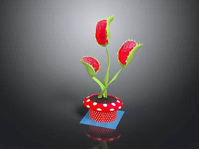 Potted Plant with Three Red Flowers Green Stems in Red White Dotted Pot on Black 3d model