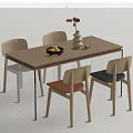 Modern Wooden Dining Table Set With Four Chairs Vase Flowers And Fruit Bowl