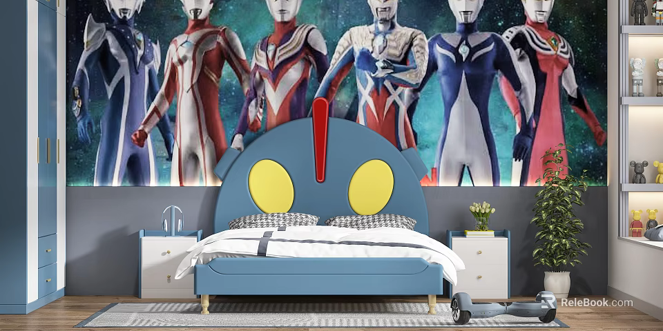 Kids Bed With Blue Cartoon Headboard Yellow Eyes Red Exclamation Mark And Ultraman Wallpaper 3d model 
