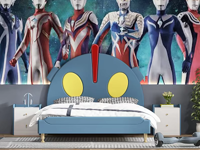 Kids Bed With Blue Cartoon Headboard Yellow Eyes Red Exclamation Mark And Ultraman Wallpaper 3d model
