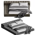 Elegant Modern Tufted Double Bed With Striped Sheets And Gray Blanket 3d model