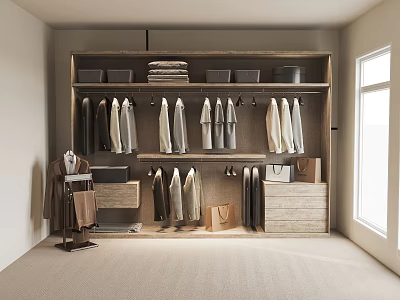 Modern Wooden Wardrobe Interior with Hanging Clothes Folded Shelves Drawers and Natural Light 3d model