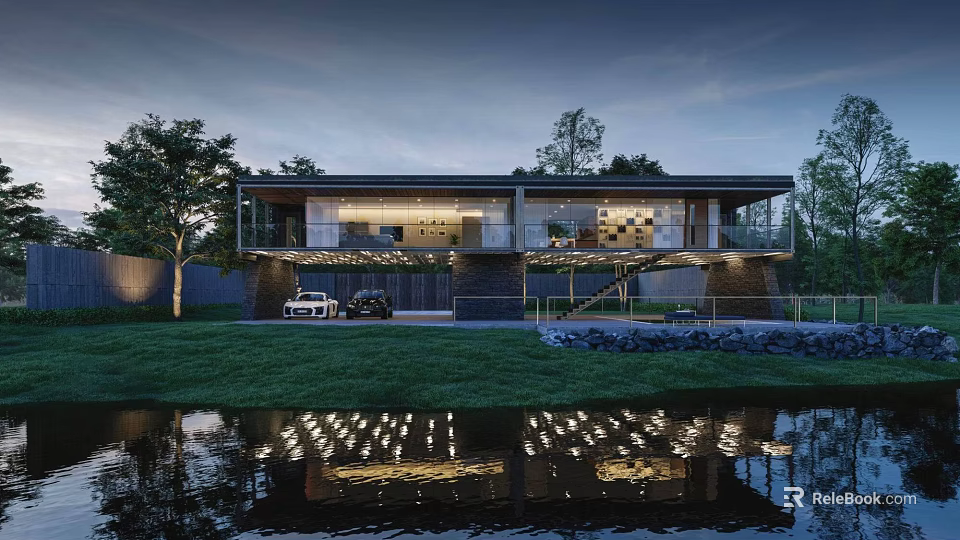 Modern Detached Villa With Glass Facade Illuminated Exterior And Water Reflection On Lawn 3d model 
