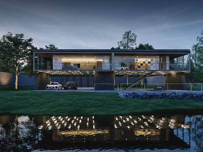 Modern Detached Villa With Glass Facade Illuminated Exterior And Water Reflection On Lawn 3d model