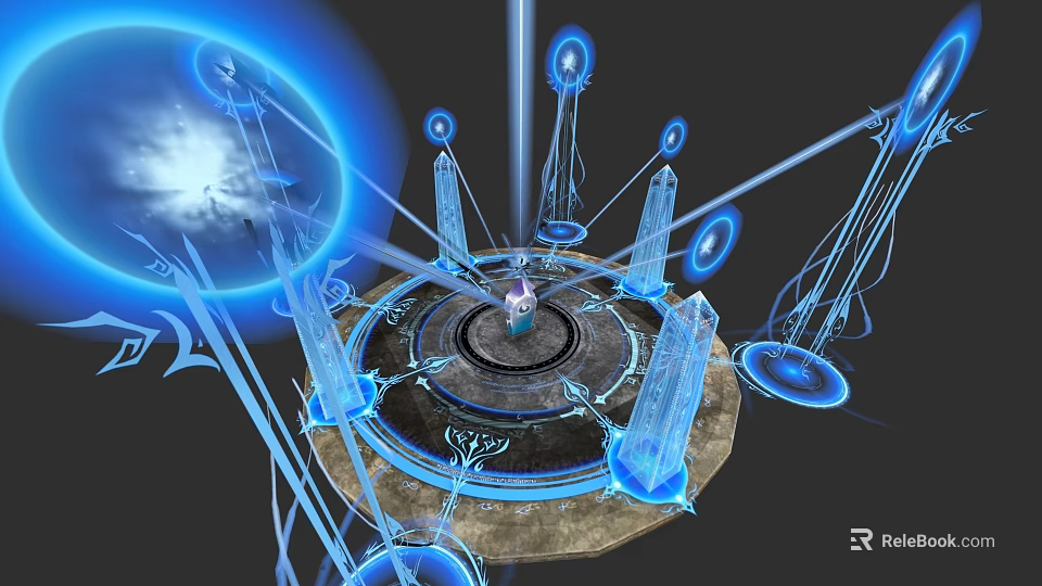 Mystical Blue Glowing Magical Circle With Central Tower And Luminous Energy Pillars 3d model 