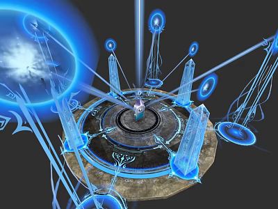 Mystical Blue Glowing Magical Circle With Central Tower And Luminous Energy Pillars 3d model