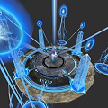 Mystical Blue Glowing Magical Circle With Central Tower And Luminous Energy Pillars