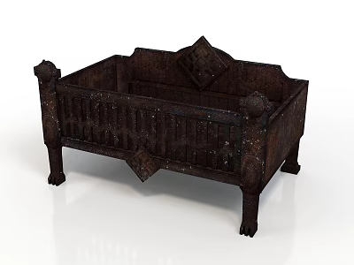 Dark Wooden Furniture Carved Bench With Intricate Details Decorative Armrests And Cushion 3d model