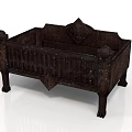 Dark Wooden Furniture Carved Bench With Intricate Details Decorative Armrests And Cushion