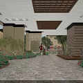 Sunlit Entrance Lobby With Stone Pillars Green Plants Wooden Grid Ceiling And Patterned Floor