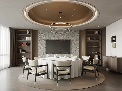 Luxury Private Dining Box With Round Table White Tablecloth Stone Wall Bookshelves And Chandelier 3d model