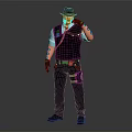 Male Character With Cowboy Hat Gray Vest Tattooed Arms Leather Gloves And Black Pants 3d model