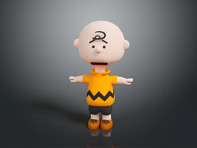 Cartoon Character Bald Head Curly Hair Yellow Striped Shirt Black Shorts Orange Shoes Arms Outstretched 3d model
