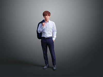 Man Wearing Light Blue Shirt Holding Suit Jacket Standing Against Gray Background 3d model