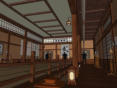 Traditional Cultural Center Interior With Wooden Structure Tatami Lanterns And Calligraphy Scrolls 3d model